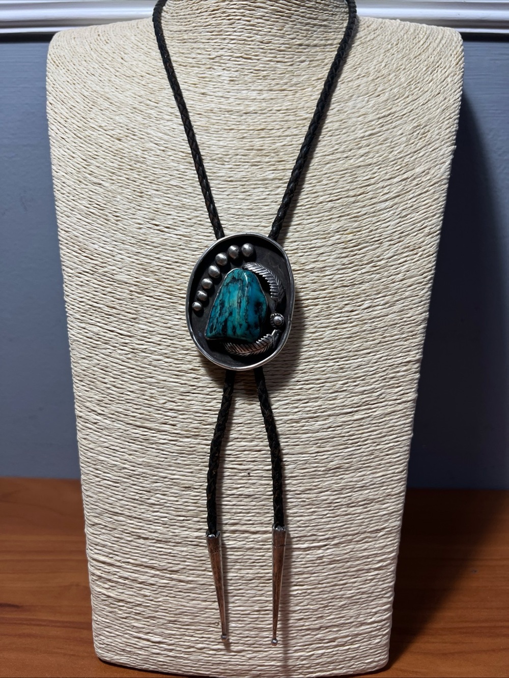 Large Vintage Navajo Morenci Turquoise ShadowBox Sterling Silver bolo tie